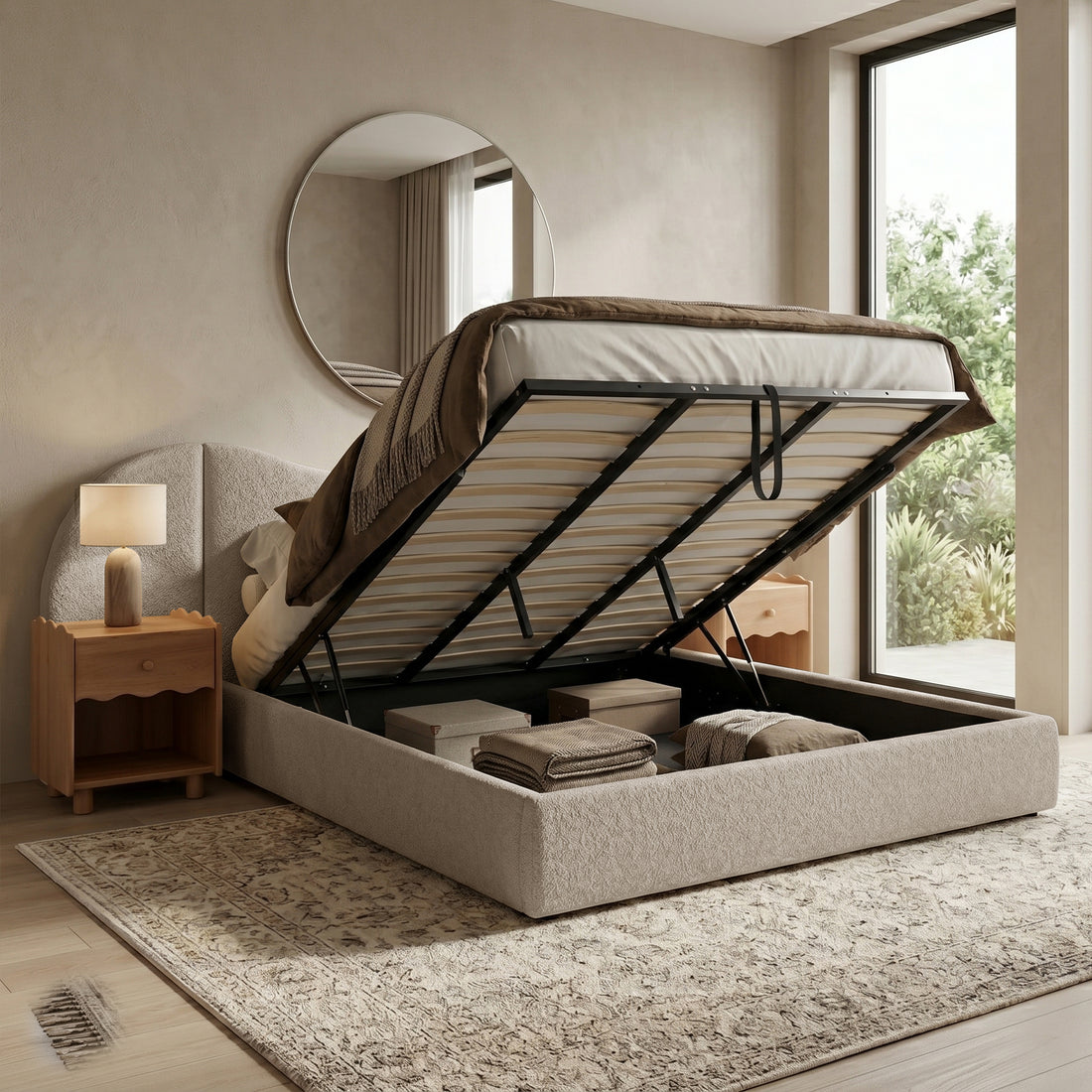 Lila King Boucle Gas Lift Storage Bed Frame in Beige