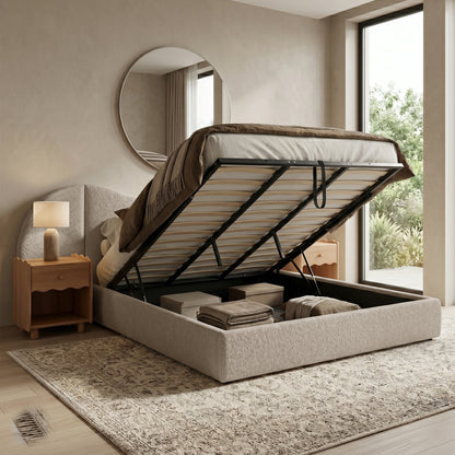 Lila King Boucle Gas Lift Storage Bed Frame in Beige