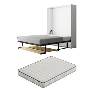 Logan & Cybele Queen Murphy Bed & Mattress Set in White, showcasing a pull-out metal frame with a grey mattress from a white cabinet. The mattress is displayed separately, highlighting its medium-firm memory foam design.