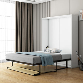 Logan & Cybele Queen Murphy Bed & Mattress Set in White, featuring a wall-mounted foldout bed with sleek black metal legs, light gray mattress, and patterned pillow in a minimalist bedroom setting.