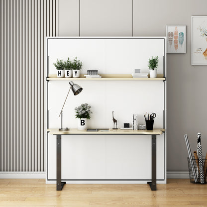 Logan Queen Space Saving Foldout Wall Bed & Desk in White: A versatile fold-up design with oak-accented desk and shelf, featuring potted plants, books, and decorative items for a modern, minimalist home office setup.