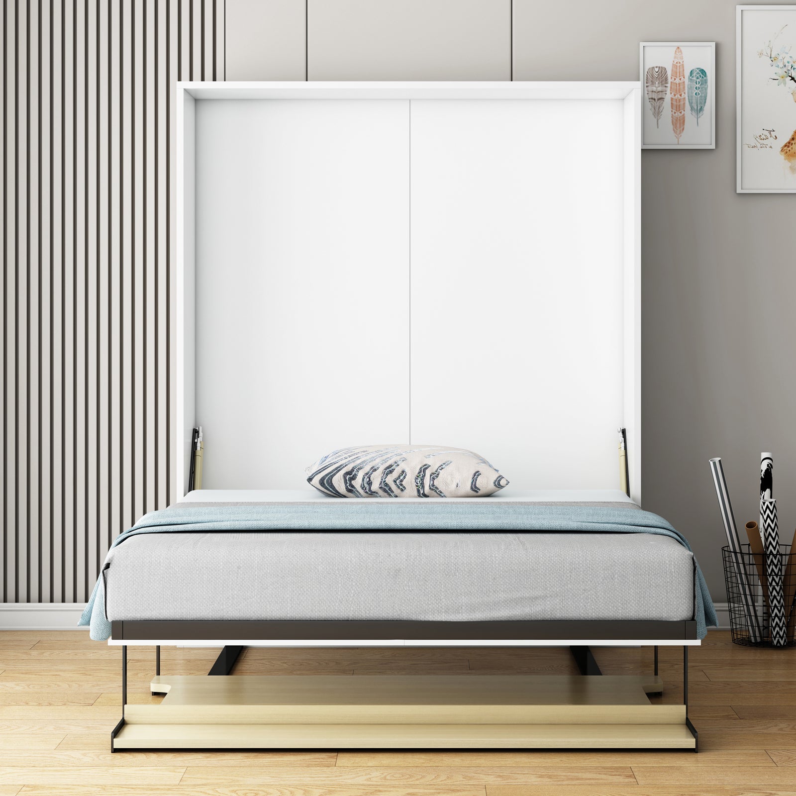 Logan Queen Space Saving Fold Up Wall Bed with Desk - White