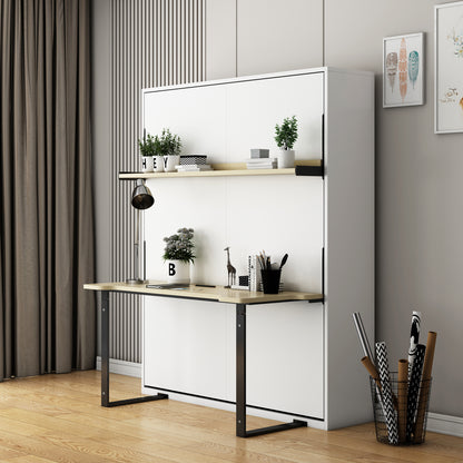 The image features the Logan Queen Space Saving Foldout Wall Bed & Desk in White, showcasing a modern home-office nook with a fold-down desk, shelf, and storage, highlighting its multifunctional design.