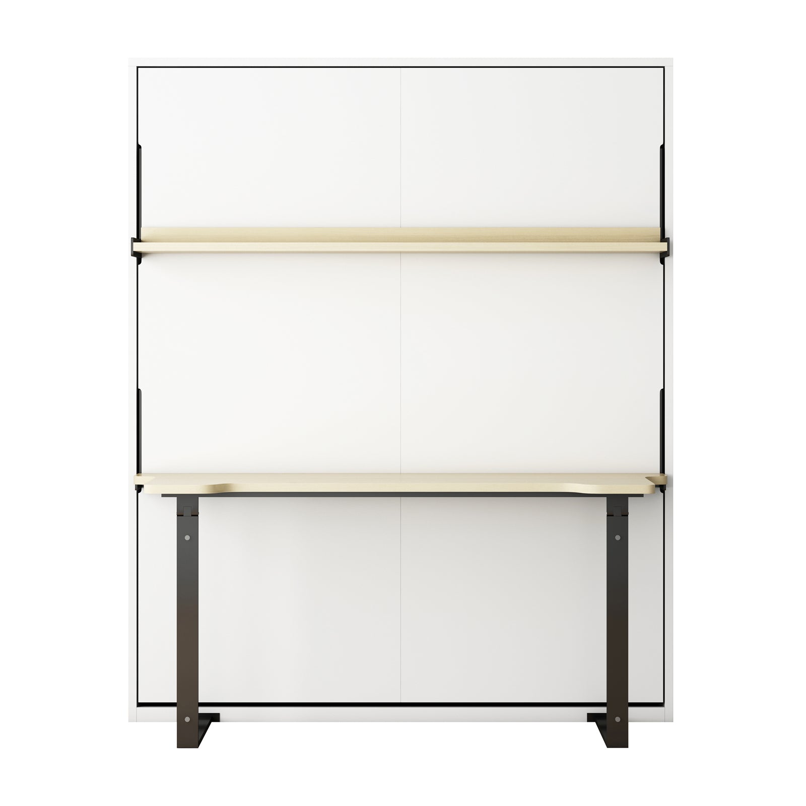 Logan Queen Space Saving Foldout Wall Bed & Desk in White features a clean, modern design with a foldable white panel, wooden shelf, and desktop, supported by black metal legs.