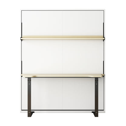 Logan Queen Space Saving Foldout Wall Bed & Desk in White features a clean, modern design with a foldable white panel, wooden shelf, and desktop, supported by black metal legs.