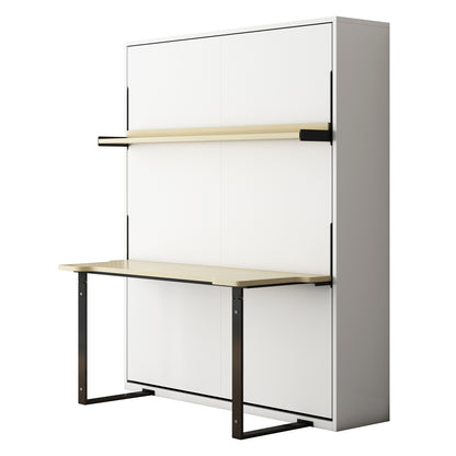 Logan Queen Space Saving Fold Up Wall Bed with Desk - White