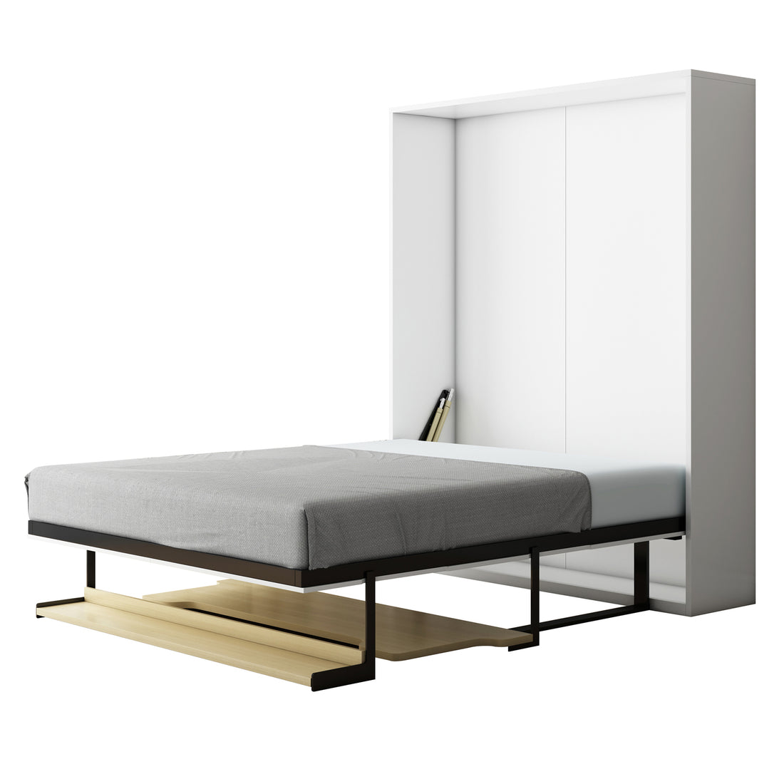 Logan Queen Space Saving Foldout Wall Bed & Desk in White, featuring an open wall-bed with black metal frame, light gray mattress, and integrated wooden storage shelf with side cubby for books.