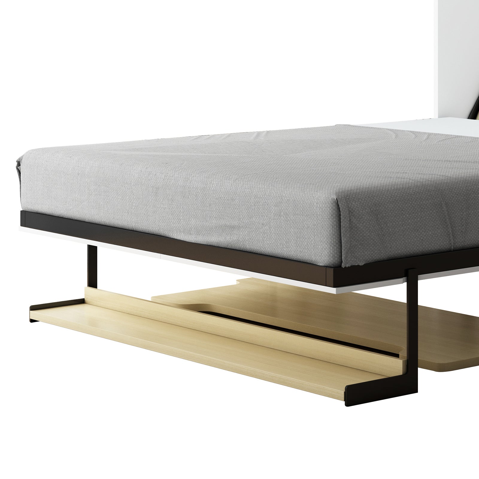Logan Queen Space Saving Foldout Wall Bed & Desk in White features a minimalist bed frame with black-metal legs, a light-wood pull-out tray, and a fold-up mechanism for versatile space use.
