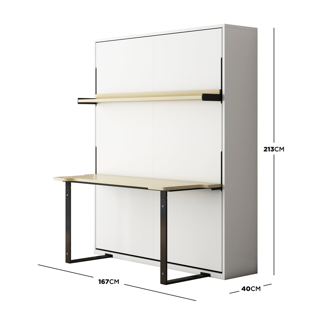 Logan Queen Space Saving Foldout Wall Bed & Desk in White: A tall, sleek wall-mounted cabinet with a fold-down wood-tone desk and black metal legs, offering a compact workspace and upper shelf for storage.