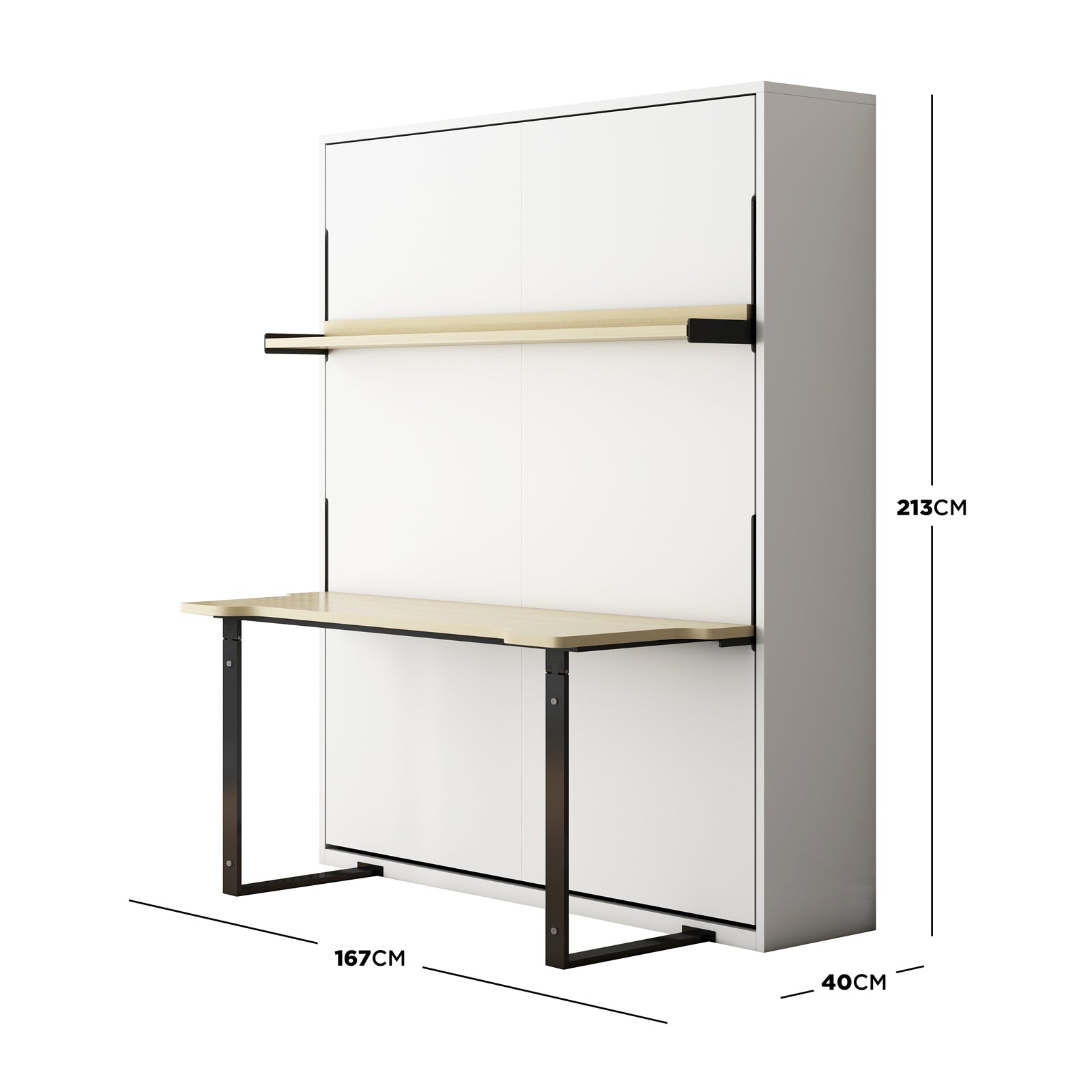 Logan Queen Space Saving Foldout Wall Bed & Desk in White: A tall, sleek wall-mounted cabinet with a fold-down wood-tone desk and black metal legs, offering a compact workspace and upper shelf for storage.