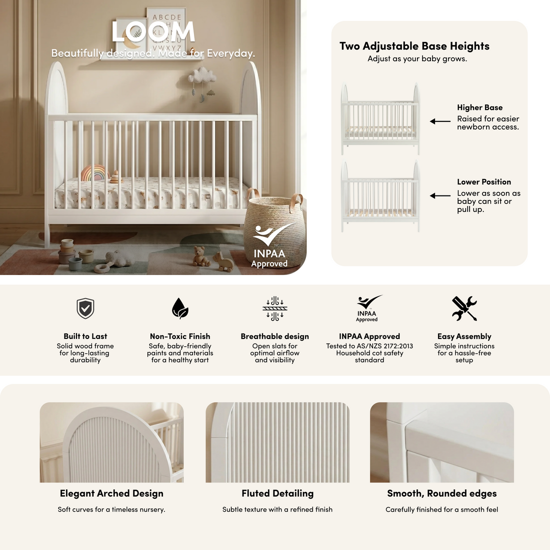 Loom Natural Pine Adjustable Baby Cot in White styled in a room setting