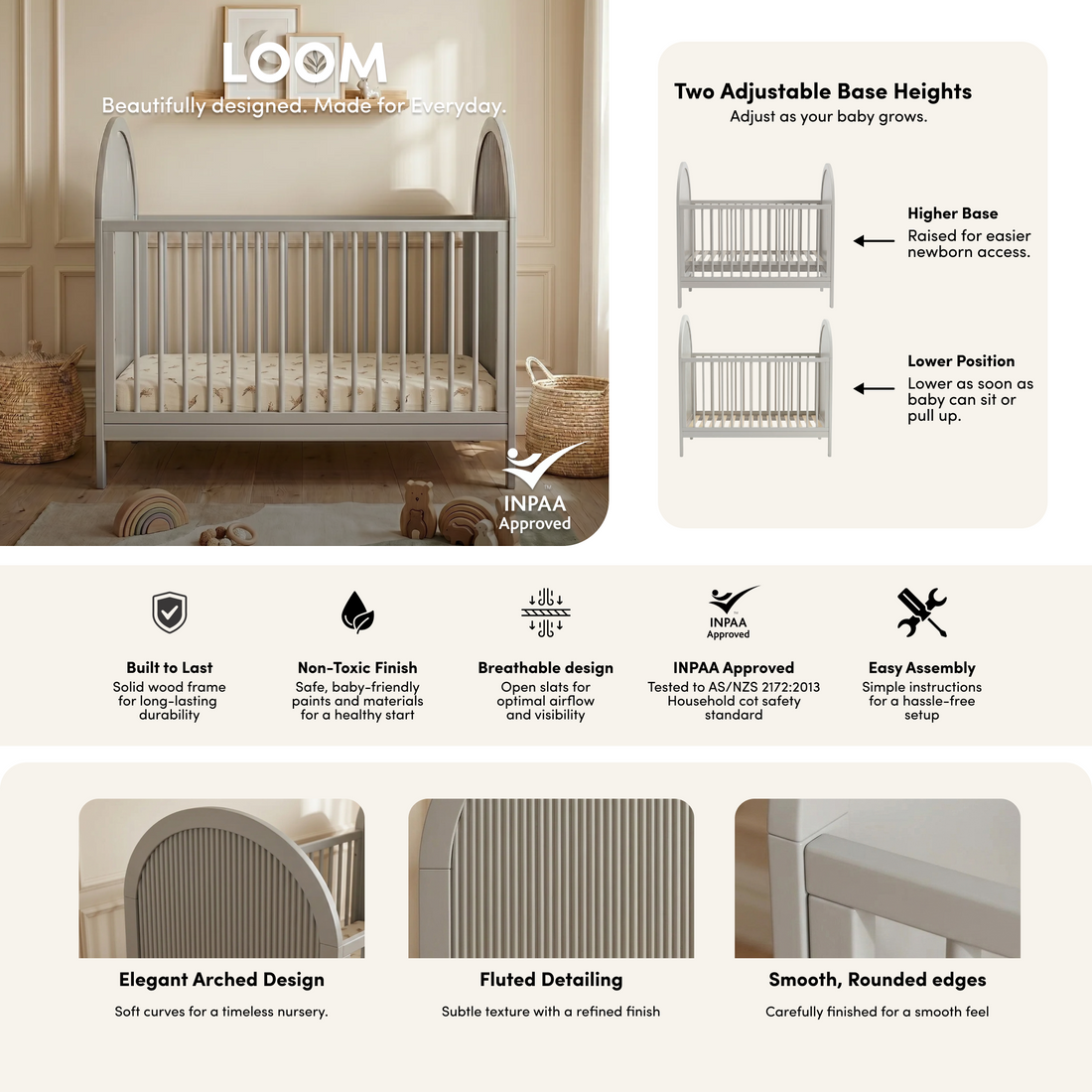 Loom Natural Pine Adjustable Baby Cot in Warm Light Grey styled in a room setting