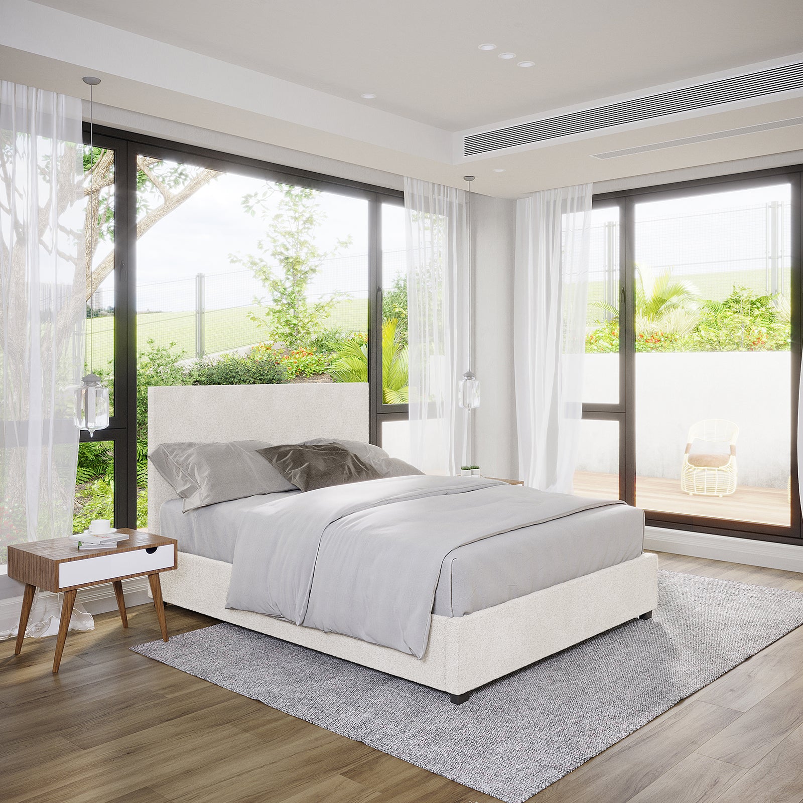 Lovita Double Bouclé Bed Frame with Gas Lift Storage in cream white, featuring light-grey bedding and pillows, sits in a bright, minimalist bedroom with mid-century nightstand and floor-to-ceiling windows overlooking a patio garden.