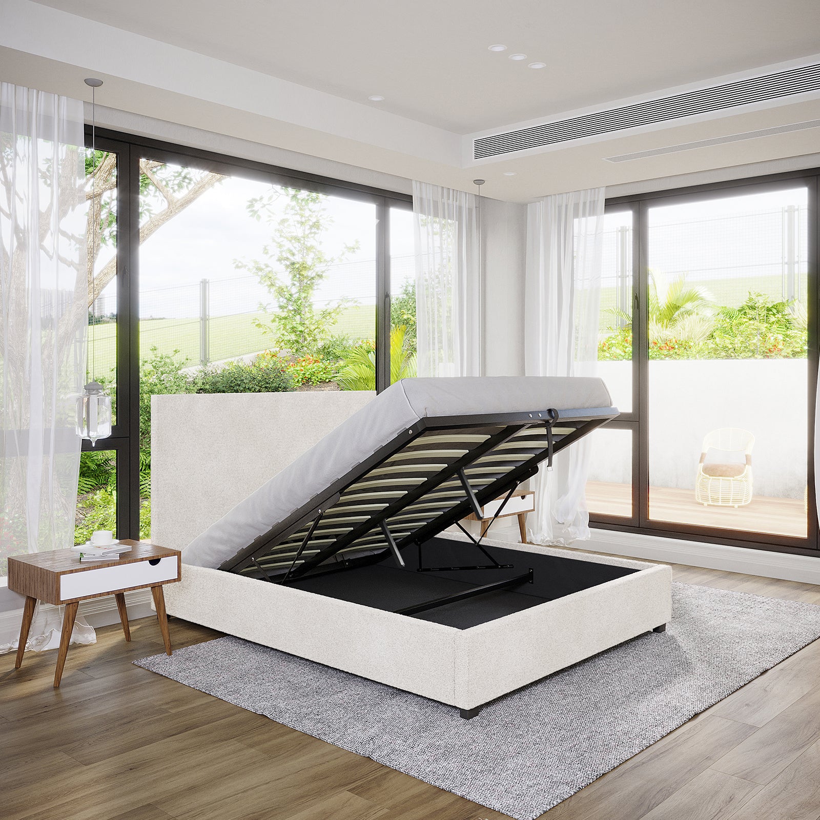 Lovita Double Bouclé Bed Frame with Gas Lift Storage – Cream White in a bright bedroom, showcasing its open storage compartment beneath the mattress, surrounded by modern furnishings and natural light.