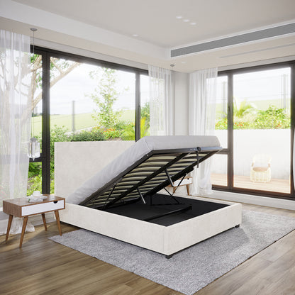Lovita Double Bouclé Bed Frame with Gas Lift Storage – Cream White in a bright bedroom, showcasing its open storage compartment beneath the mattress, surrounded by modern furnishings and natural light.