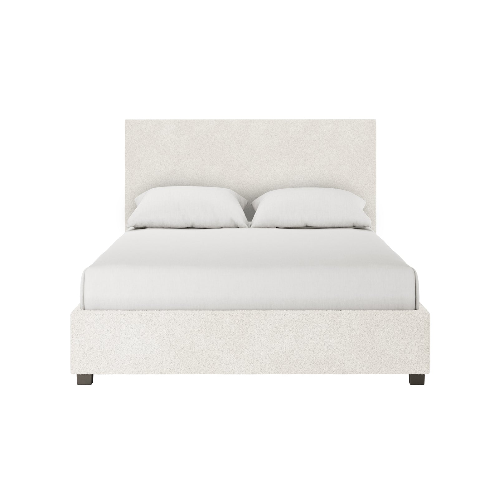 Lovita Double Bouclé Bed Frame with Gas Lift Storage, featuring an off-white upholstered platform and headboard, two pillows on a fitted sheet, showcased against a plain white background.