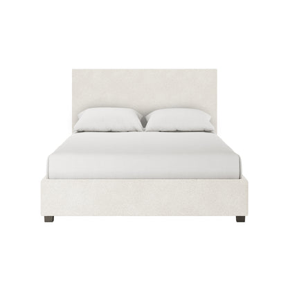 Lovita Double Bouclé Bed Frame with Gas Lift Storage, featuring an off-white upholstered platform and headboard, two pillows on a fitted sheet, showcased against a plain white background.