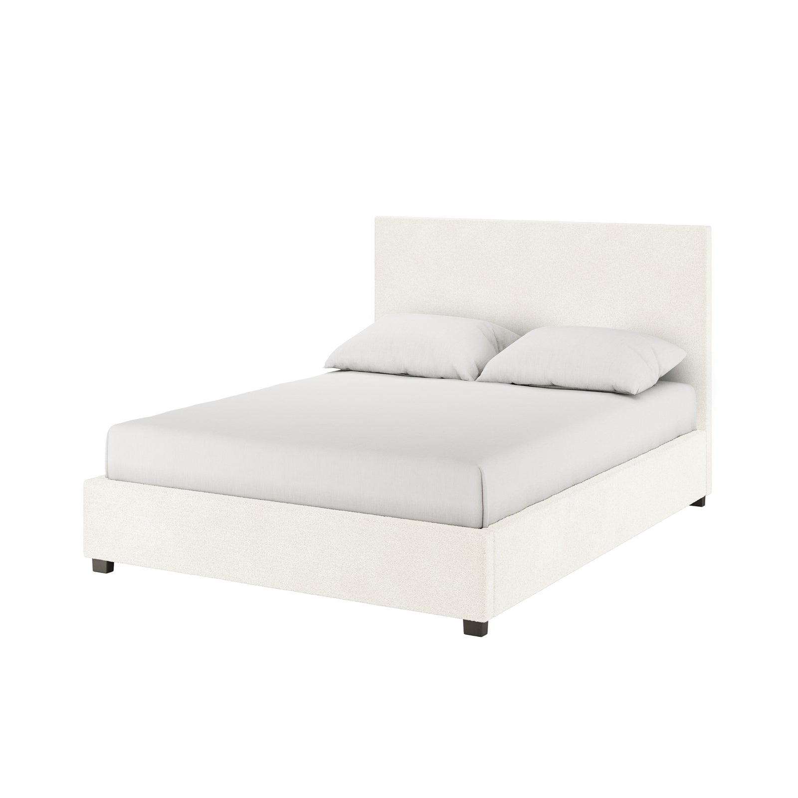 Lovita Double Bouclé Bed Frame with Gas Lift Storage in cream white, featuring an upholstered headboard, mattress, and pillows, showcasing its elegant design and functionality for modern bedroom aesthetics.
