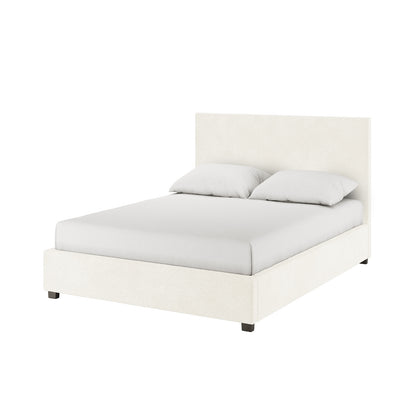 Lovita Double Bouclé Bed Frame with Gas Lift Storage in cream white, featuring an upholstered headboard, mattress, and pillows, showcasing its elegant design and functionality for modern bedroom aesthetics.