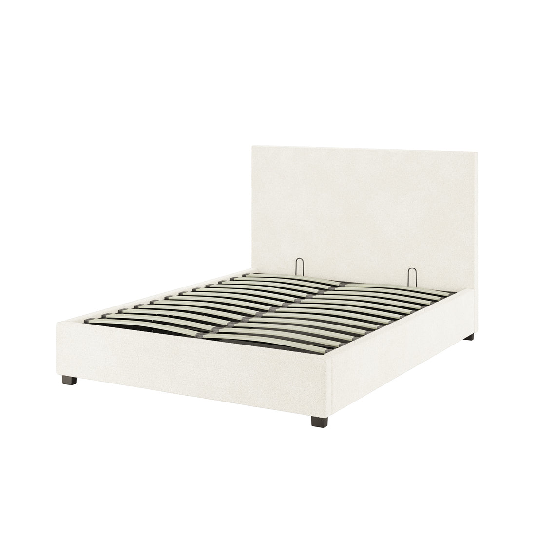 Lovita Double Bouclé Bed Frame with Gas Lift Storage in Cream White features a tall headboard and curved wooden slats, showcasing its elegant design and functionality.