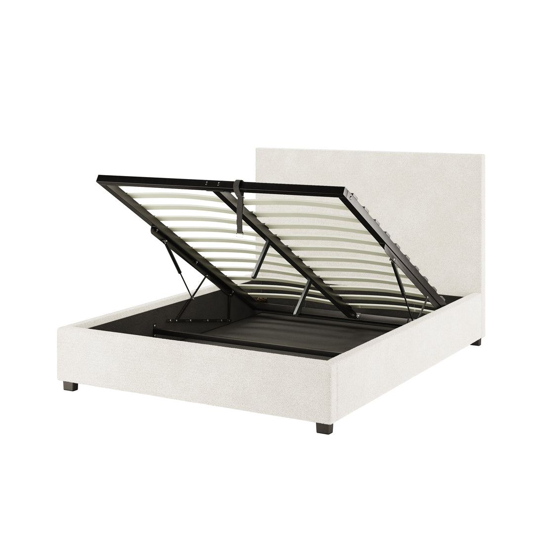 Lovita Double Bouclé Bed Frame with Gas Lift Storage in cream white, showing open slatted mattress support on hydraulic pistons, revealing under-bed storage, wrapped in light fabric with robust structure.