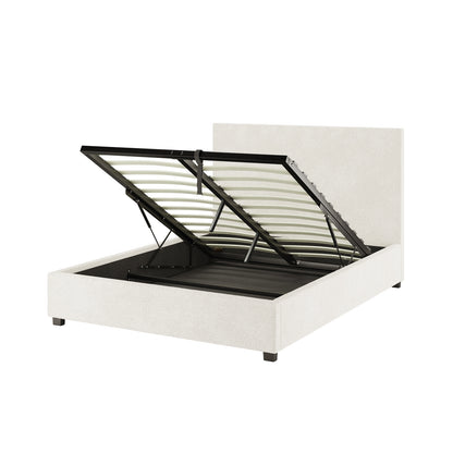 Lovita Double Bouclé Bed Frame with Gas Lift Storage in cream white, showing open slatted mattress support on hydraulic pistons, revealing under-bed storage, wrapped in light fabric with robust structure.