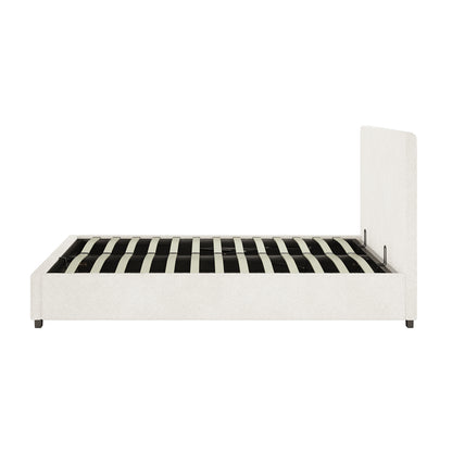 Lovita Double Bouclé Bed Frame with Gas Lift Storage features a low-profile design, upholstered in bouclé, with a rectangular headboard, wooden slats, and block-style legs, showcasing practical elegance without a mattress.