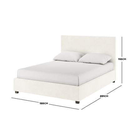 Lovita Double Bouclé Bed Frame with Gas Lift Storage in cream, featuring a tall headboard and visible dimension lines indicating size—perfect for modern décor and functional bedroom storage.