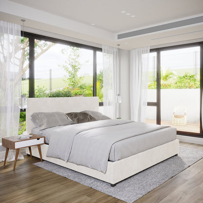 Lovita King Bouclé Bed Frame with Gas Lift Storage features a low-profile design, cream-white bouclé fabric, and a puffy headboard, set centrally in an airy bedroom with minimalist decor.