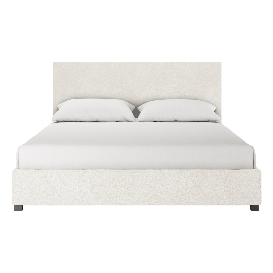 Lovita King Bouclé Bed Frame with Gas Lift Storage – Cream White, showcasing a straight padded headboard, low footboard, and upholstered platform in light fabric, with a mattress and two pillows on top.