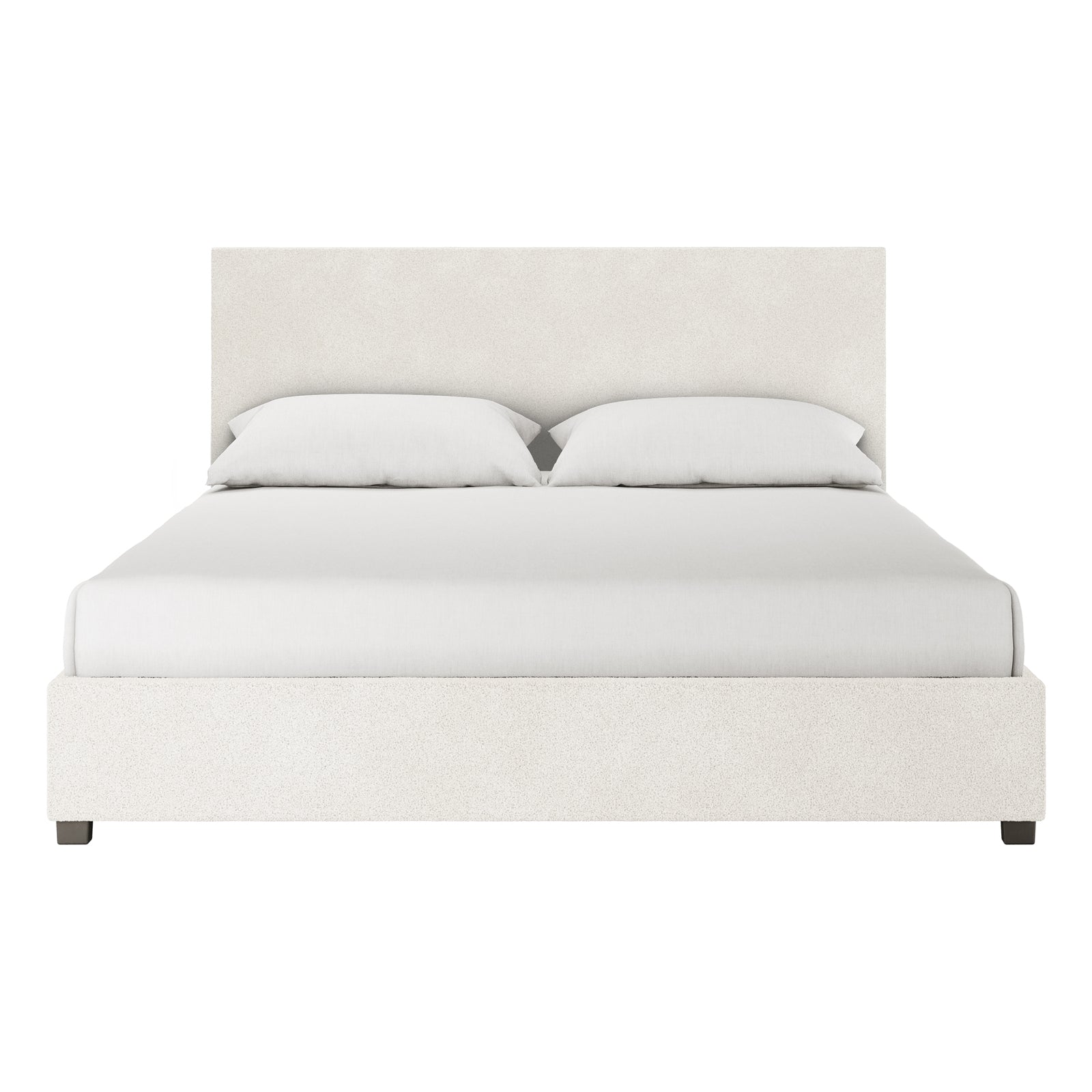 Lovita King Bouclé Bed Frame with Gas Lift Storage – Cream White, showcasing a straight padded headboard, low footboard, and upholstered platform in light fabric, with a mattress and two pillows on top.