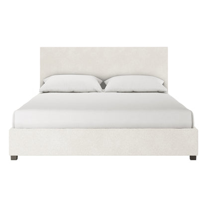 Lovita King Bouclé Bed Frame with Gas Lift Storage – Cream White, showcasing a straight padded headboard, low footboard, and upholstered platform in light fabric, with a mattress and two pillows on top.