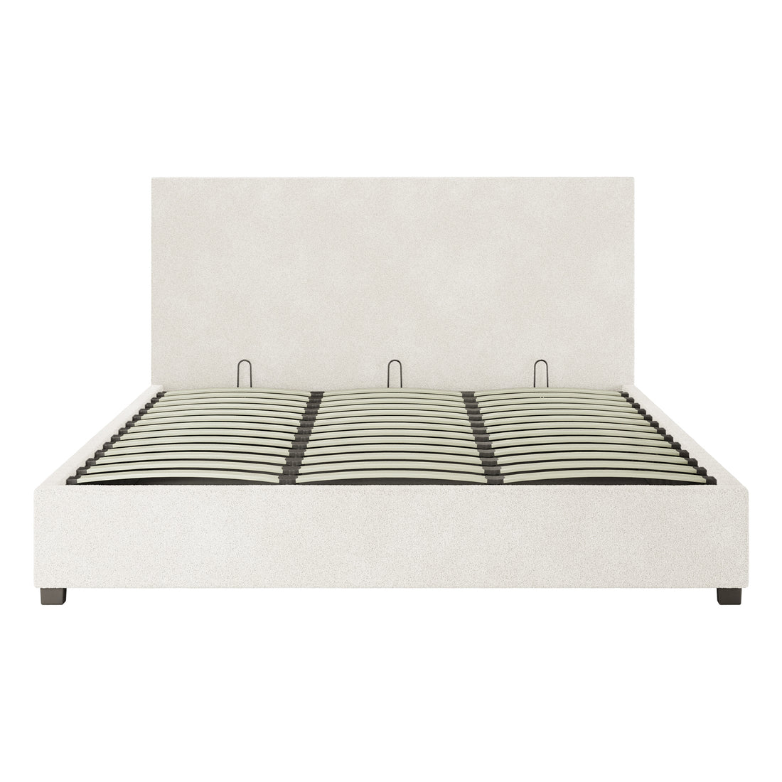 Lovita King Bouclé Bed Frame with Gas Lift Storage features a tall, straight headboard and light, textured upholstery, with short, dark-finished legs supporting a slatted platform for mattress placement.