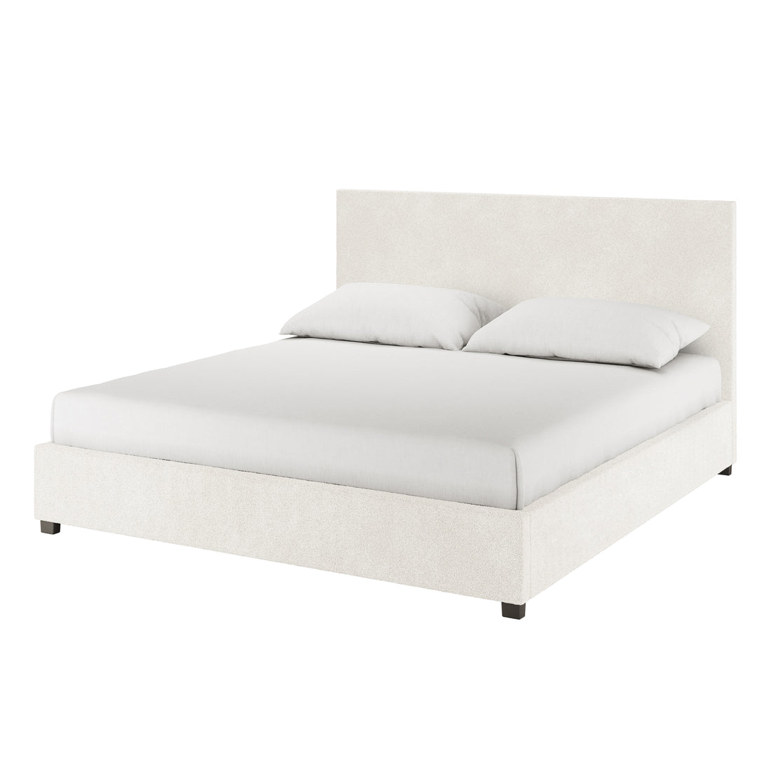 Lovita King Bouclé Bed Frame with Gas Lift Storage showcases an off-white fabric platform with a matching headboard, dressed in a fitted sheet and pillows, highlighting its modern design and storage functionality.