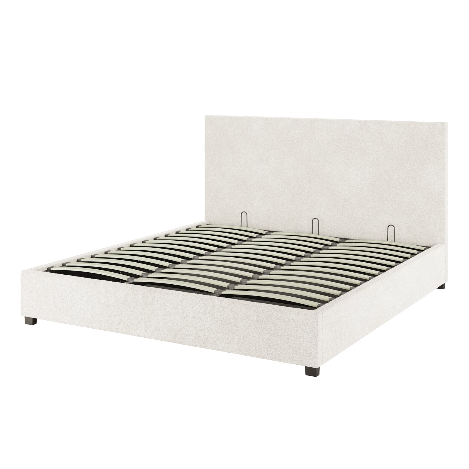 Lovita King Bouclé Bed Frame with Gas Lift Storage features a tall, plain headboard and light fabric upholstery, supported by wooden slats and dark block feet, designed for spacious bedrooms.