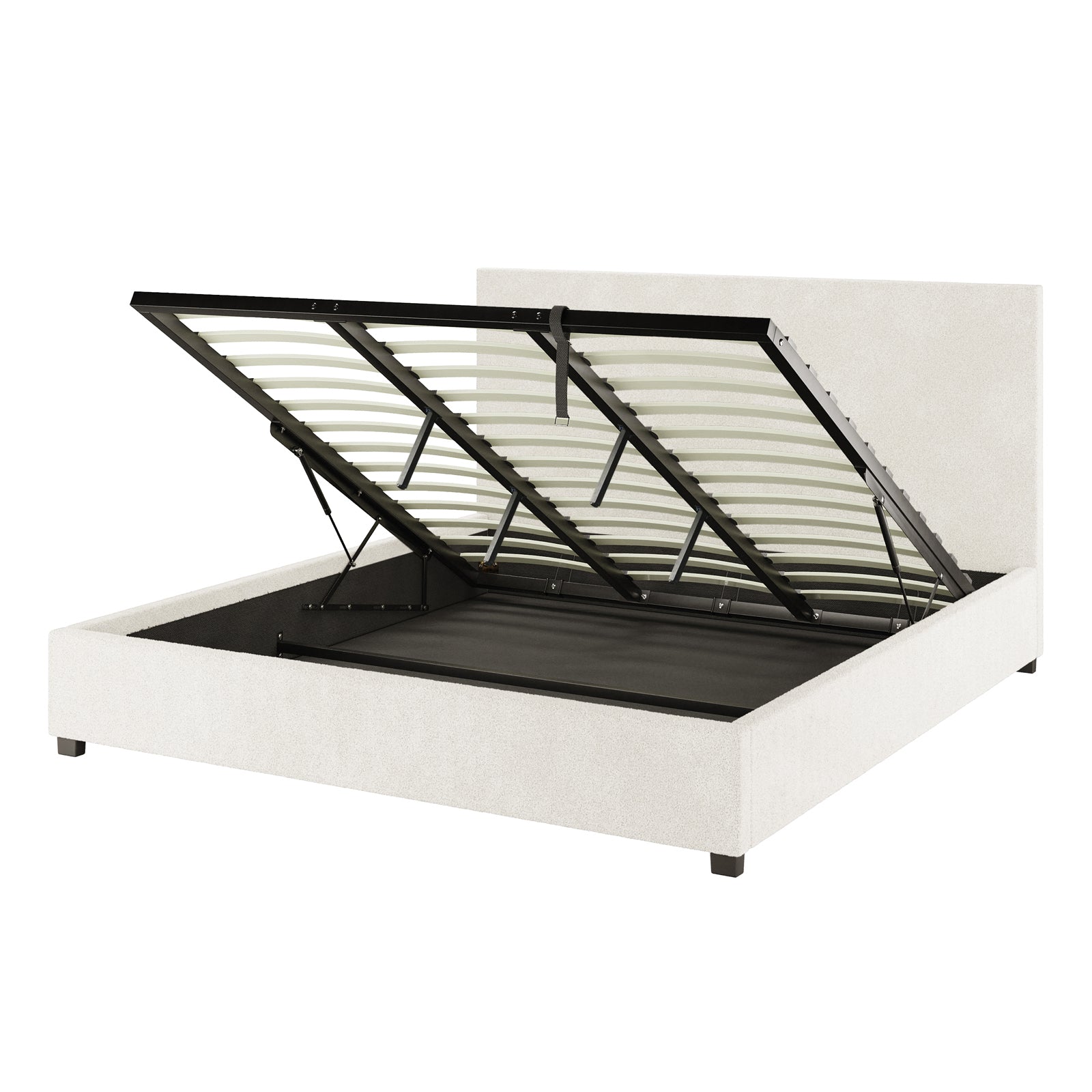 Lovita King Bouclé Bed Frame with Gas Lift Storage, shown with the slatted mattress deck open, revealing spacious under-bed storage. Features a fabric-covered headboard and side rails in elegant design.