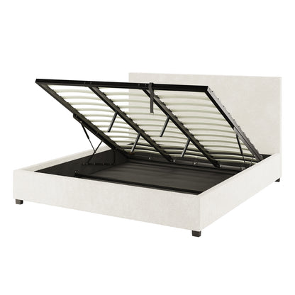 Lovita King Bouclé Bed Frame with Gas Lift Storage, shown with the slatted mattress deck open, revealing spacious under-bed storage. Features a fabric-covered headboard and side rails in elegant design.