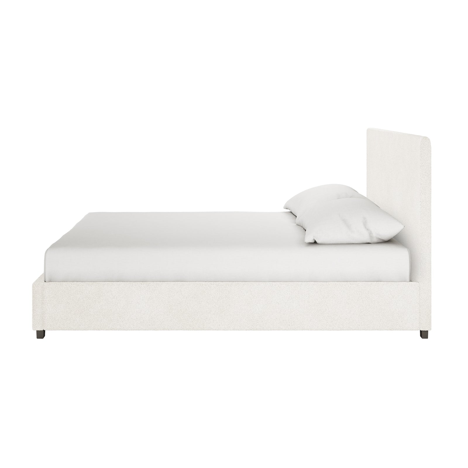 Lovita King Bouclé Bed Frame with Gas Lift Storage in a minimalist design features a tall, squared headboard and platform style, showcasing its off-white upholstery and fitted mattress from a side view.