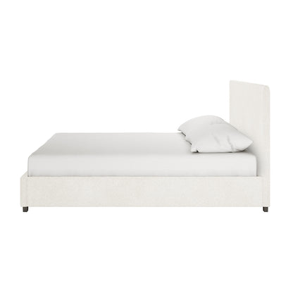 Lovita King Bouclé Bed Frame with Gas Lift Storage in a minimalist design features a tall, squared headboard and platform style, showcasing its off-white upholstery and fitted mattress from a side view.