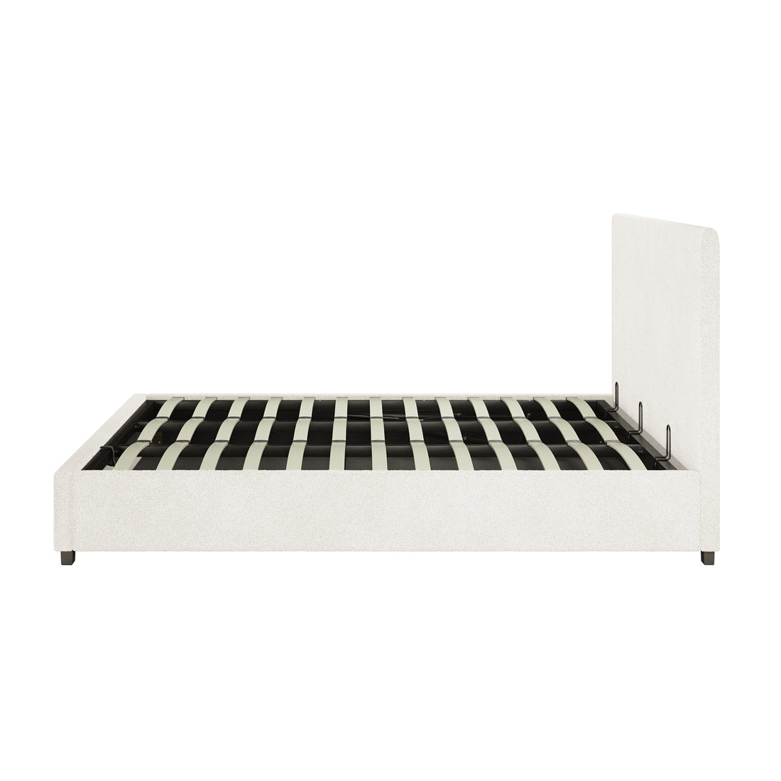Lovita King Bouclé Bed Frame with Gas Lift Storage features a low-profile design, upholstered headboard, and side rails. It includes curved support slats and showcases a sleek, modern aesthetic.