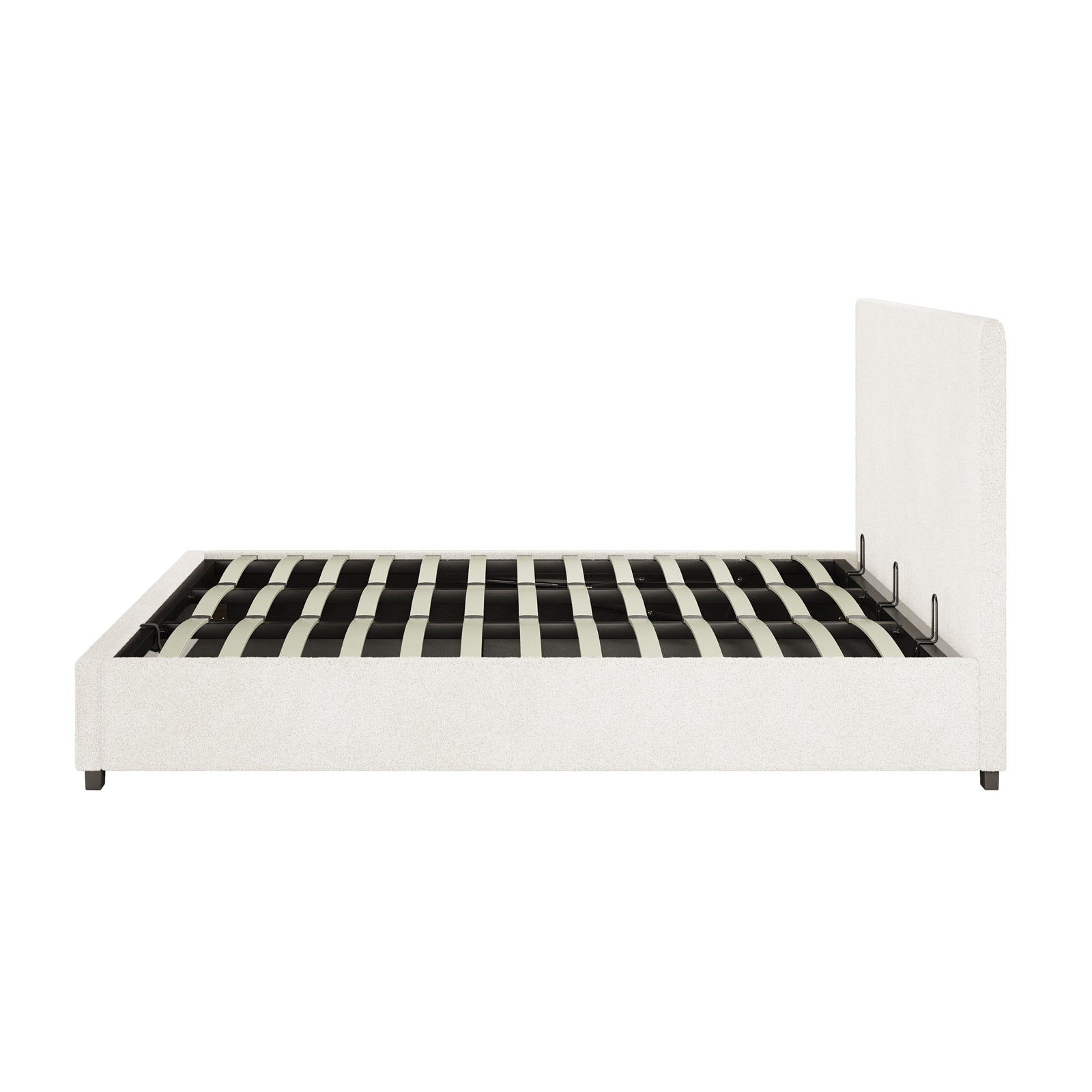 Lovita King Bouclé Bed Frame with Gas Lift Storage features a low-profile design, upholstered headboard, and side rails. It includes curved support slats and showcases a sleek, modern aesthetic.