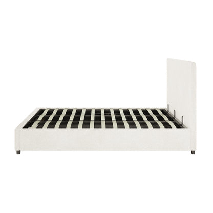 Lovita King Bouclé Bed Frame with Gas Lift Storage features a low-profile design, upholstered headboard, and side rails. It includes curved support slats and showcases a sleek, modern aesthetic.