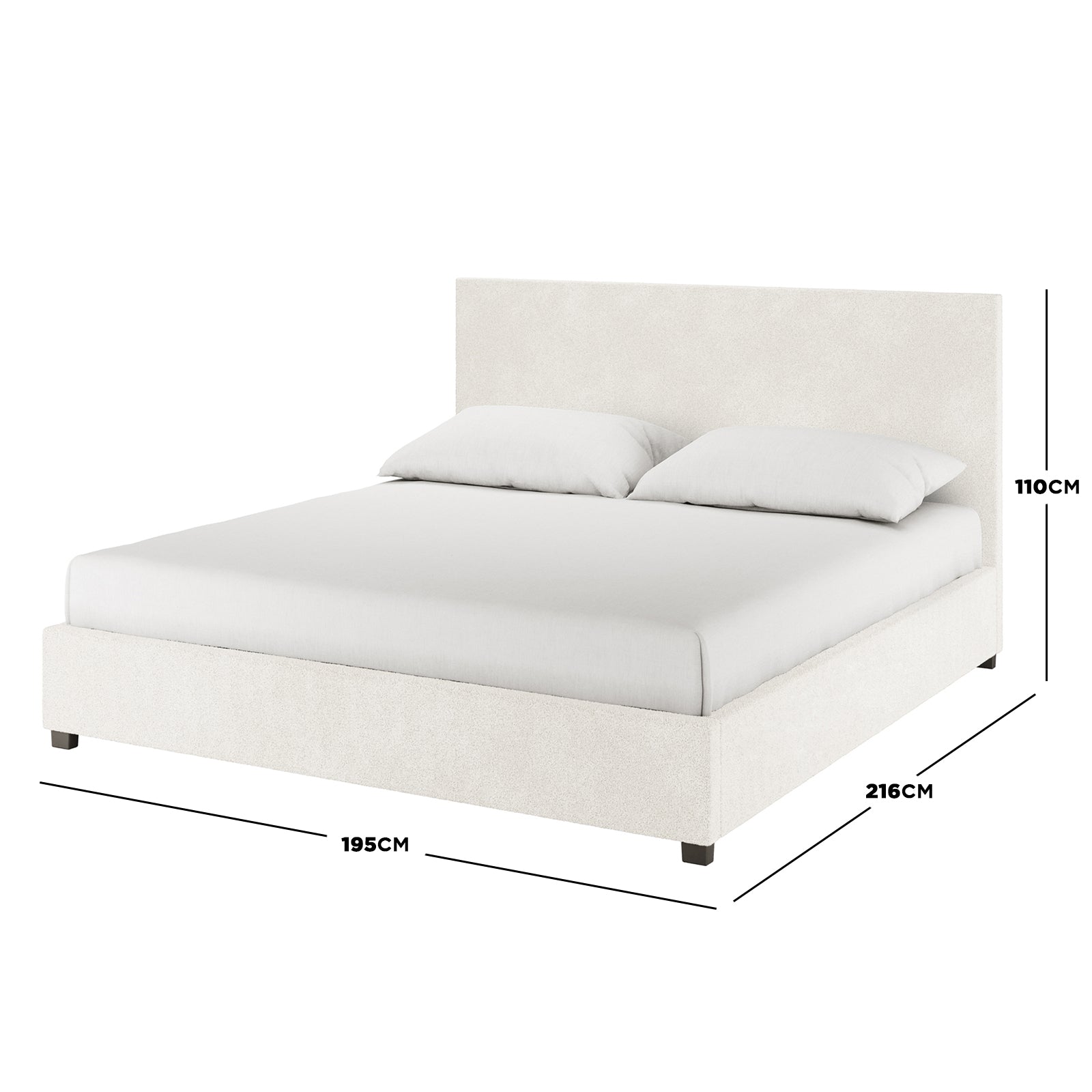 Lovita King Bouclé Bed Frame with Gas Lift Storage shown with a rectangular headboard, mattress, and two pillows, featuring dimensions of 195cm width, 216cm depth, and 110cm height.