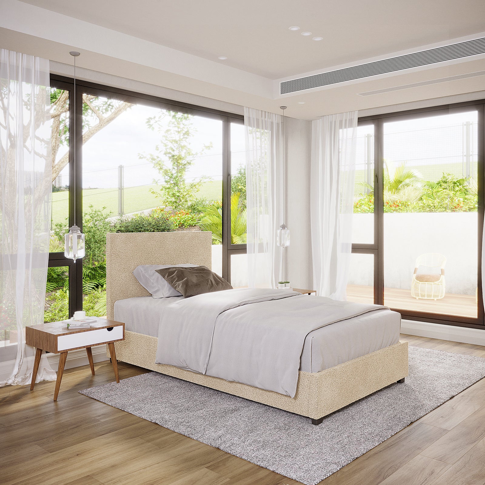 Lovita King Single Bouclé Bed Frame with Gas Lift Storage in cream beige, upholstered in soft fabric, features a minimalist design with sleek lines, positioned in a bright, modern bedroom setting.