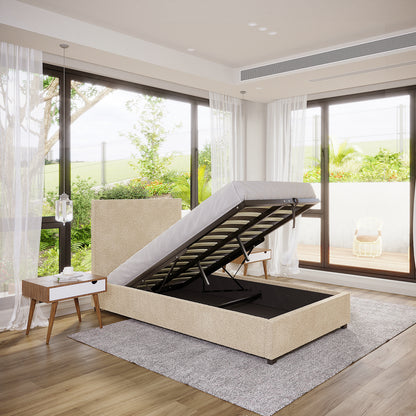 Lovita King Single Bouclé Bed Frame with Gas Lift Storage in Cream Beige, shown with mattress platform open, revealing spacious under-bed storage. Upholstered in light fabric, set on textured rug over wooden floors.