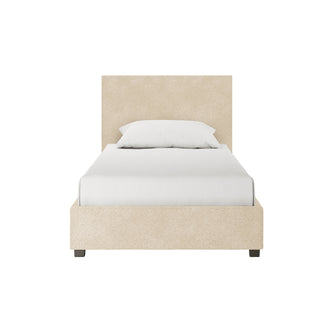 Lovita King Single Bouclé Bed Frame with Gas Lift Storage in cream beige features a low-profile upholstered frame, matching headboard, short dark wood legs, and plain white bedding, enhancing modern elegance and practicality.