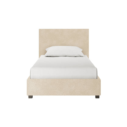 Lovita King Single Bouclé Bed Frame with Gas Lift Storage in cream beige features a low-profile upholstered frame, matching headboard, short dark wood legs, and plain white bedding, enhancing modern elegance and practicality.