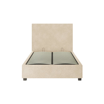 Lovita King Single Bouclé Bed Frame with Gas Lift Storage in cream beige, featuring a tall headboard, low side rails, footboard, and dark block-style legs, with curved wooden slats for mattress support.
