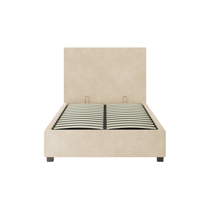 Lovita King Single Bouclé Bed Frame with Gas Lift Storage in cream beige, featuring a tall headboard, low side rails, footboard, and dark block-style legs, with curved wooden slats for mattress support.
