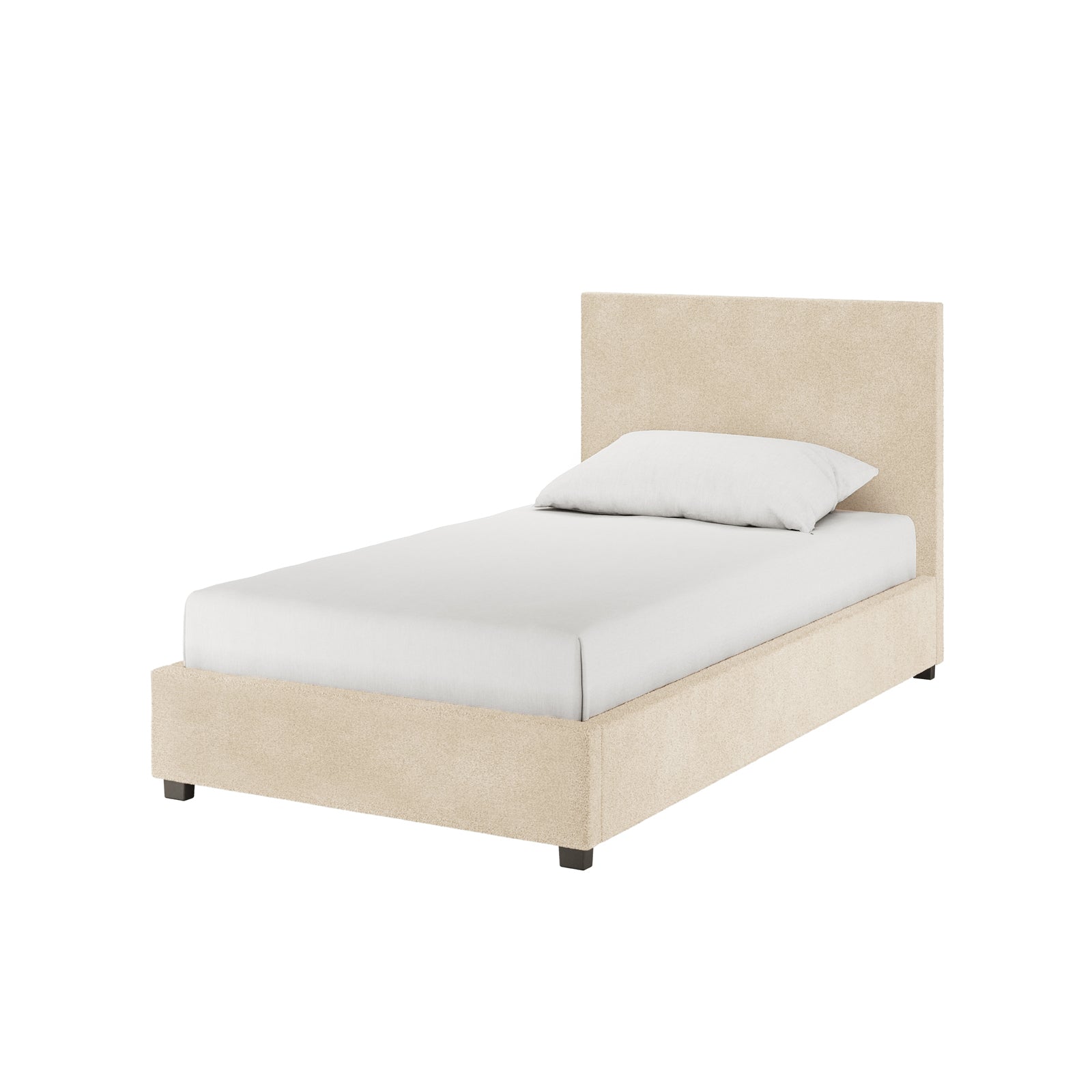 Lovita King Single Bouclé Bed Frame with Gas Lift Storage in cream beige, featuring a low upholstered frame, matching rectangular headboard, and visible short dark feet, showcasing modern design and practicality.